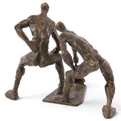 Modernist School (mid-20th century) - bronze cast sculptures depicting two abstract bronze figures, signed Lei and dated 1989, H16.5cm