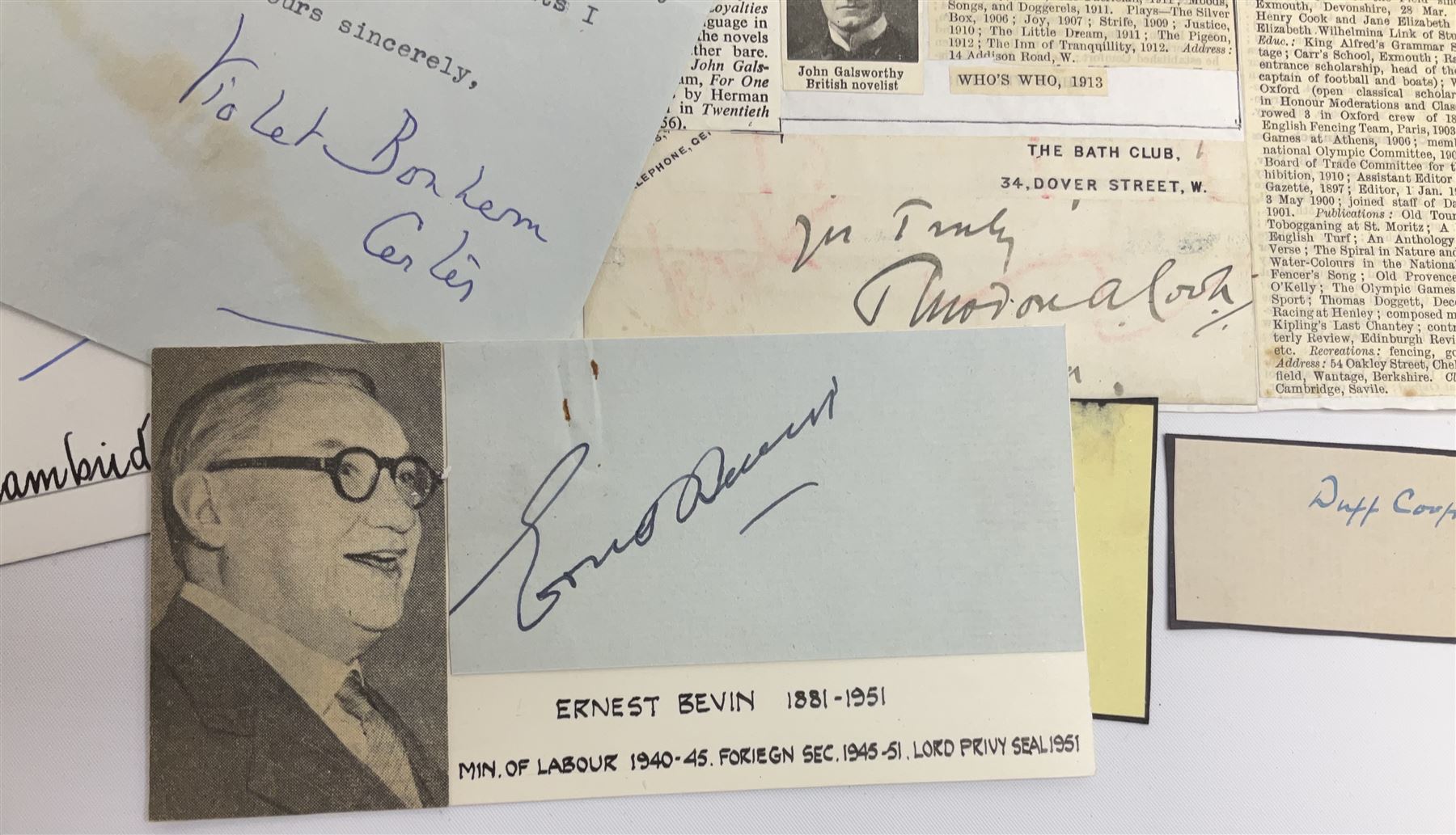Approximately 500 autographs, signed letters, signed photographs etc from famous individuals including Duke Ellington, Ted Hughes, Daphne du Maurier, Archibald Sinclair, Marlene Dietrich, John Bright, Lord Hailsham and many others