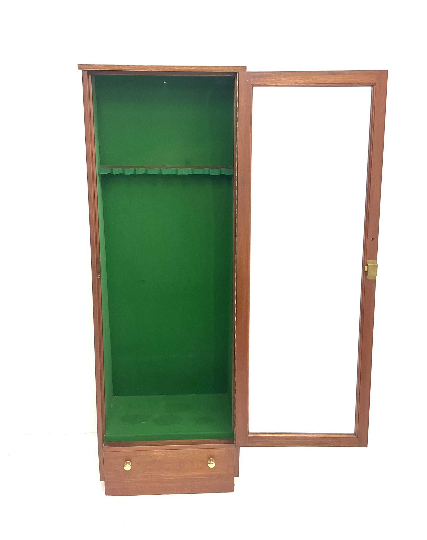 Mahogany gun cabinet for nine guns, with glazed door above a drawer