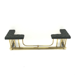  Victorian style brass club fender, green leather deep buttoned seats, W155cm, H41cm, D44cm  