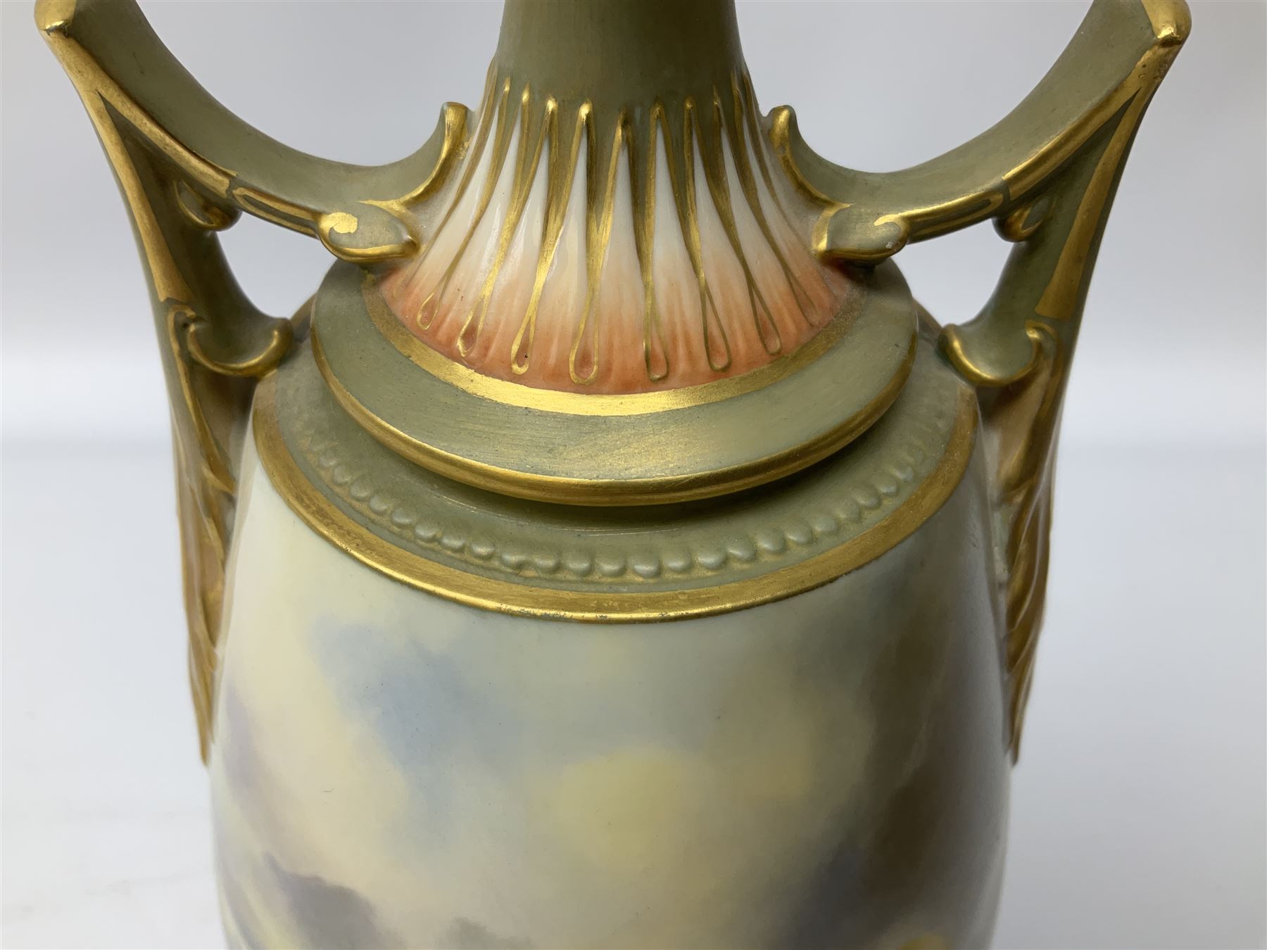 Early 20th century Royal Worcester vase decorated by Harry Davis, of ovoid form with twin acanthus mounted handles and waisted high neck supporting a domed cover, upon a circular foot, the body hand painted with sheep in a highland landscape, signed H Davis, with puce printed marks beneath including shape number 2425, and date code for 1907, H27.5cm