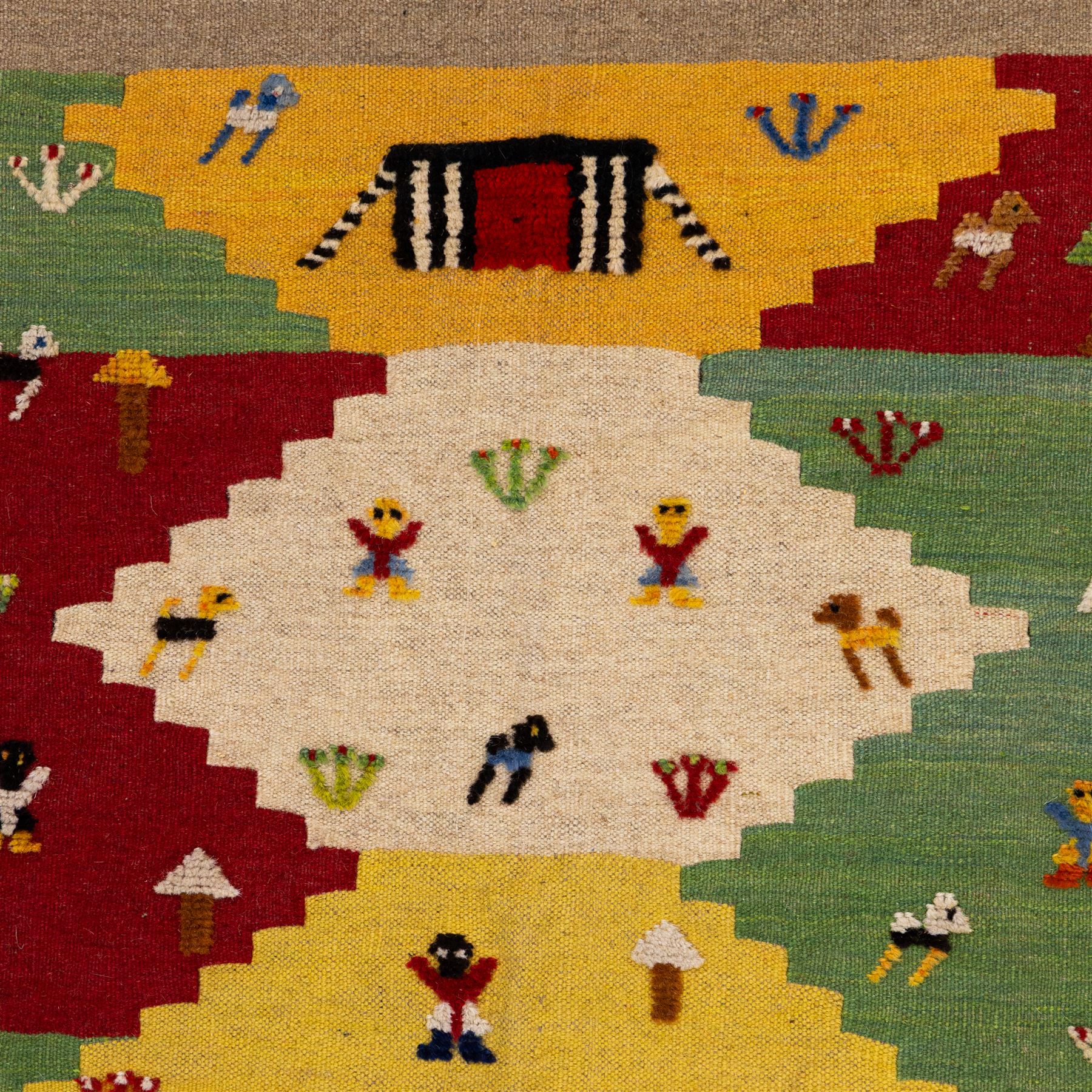 South West Persian Qashqai pictorial flatweave kilim, polychrome field divided into stepped geometric panels decorated with stylized animals, bird, fish and tree motifs with a central ivory lozenge medallion beneath a simple landscape panel with tent motif, figures and and narrow multi-coloured border applied in raised wool pile against a flat-woven ground, fringe ends  