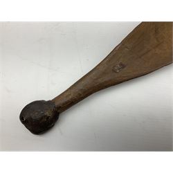 Australian Aboriginal shield, carved with Kangaroo and Emu, 74.5cm; Spear painted with aquatic creatures 78cm, and Spear thrower 81cm (3)