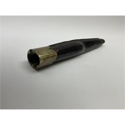 Rare double barrel percussion knife pistol by Dumonthier & Sons (NVN), approx. .38 calibre, with 8.5cm barrels and central 21.5cm spear pointed blade, all with etched damascening, upper quillons serve as hammers for the percussion ignition with single drop down trigger and fluted nickel grips, in nickel mounted leather covered tin scabbard L33.5cm overall