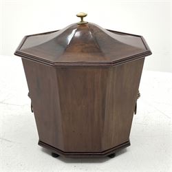 Georgian mahogany cellarette, tapering octagonal form, domed faceted cover with moulded edge and brass handle, lion mask and loop drop handles either side, lower edge moulding, small turned bun feet, W43cm, H49cm, D37cm