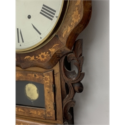 19th century drop dial wall clock, shaped front with circular Roman dial, leaf carved and pierced brackets, inlaid flower heads and foliage, twin train movement striking on bell, H81cm (with pendulum)