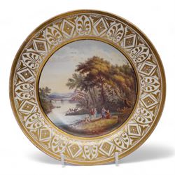 Davenport porcelain dessert plate, painted with a figure and cottage in a rural landscape, within a raised gilt border, D24cm, a 19th century English porcelain twin handled dessert dish, together with an early 19th century porcelain cabinet plate, painted with a river landscape within a gilt border, possibly Derby, unmarked, D22cm (3)