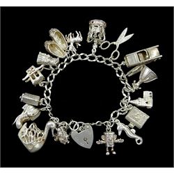 Silver charm bracelet, charms including Triumph car, swan, old boot, dusty bin mascot, seahorse, troll viking