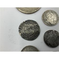 Queen Elizabeth I 1570 shilling piece, George II 1757 sixpence, George III 1797 shilling and further pre-Edwardian silver coins