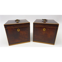  Pair George III figured mahogany crossbanded tea caddies, square form, boxwood and chequer strung with lidded interior, original handles, keys included, 12cm x 12cm   