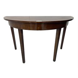 19th century mahogany demi-lune side table, semi-circular top with boxwood string inlay, raised on tapered and fluted supports