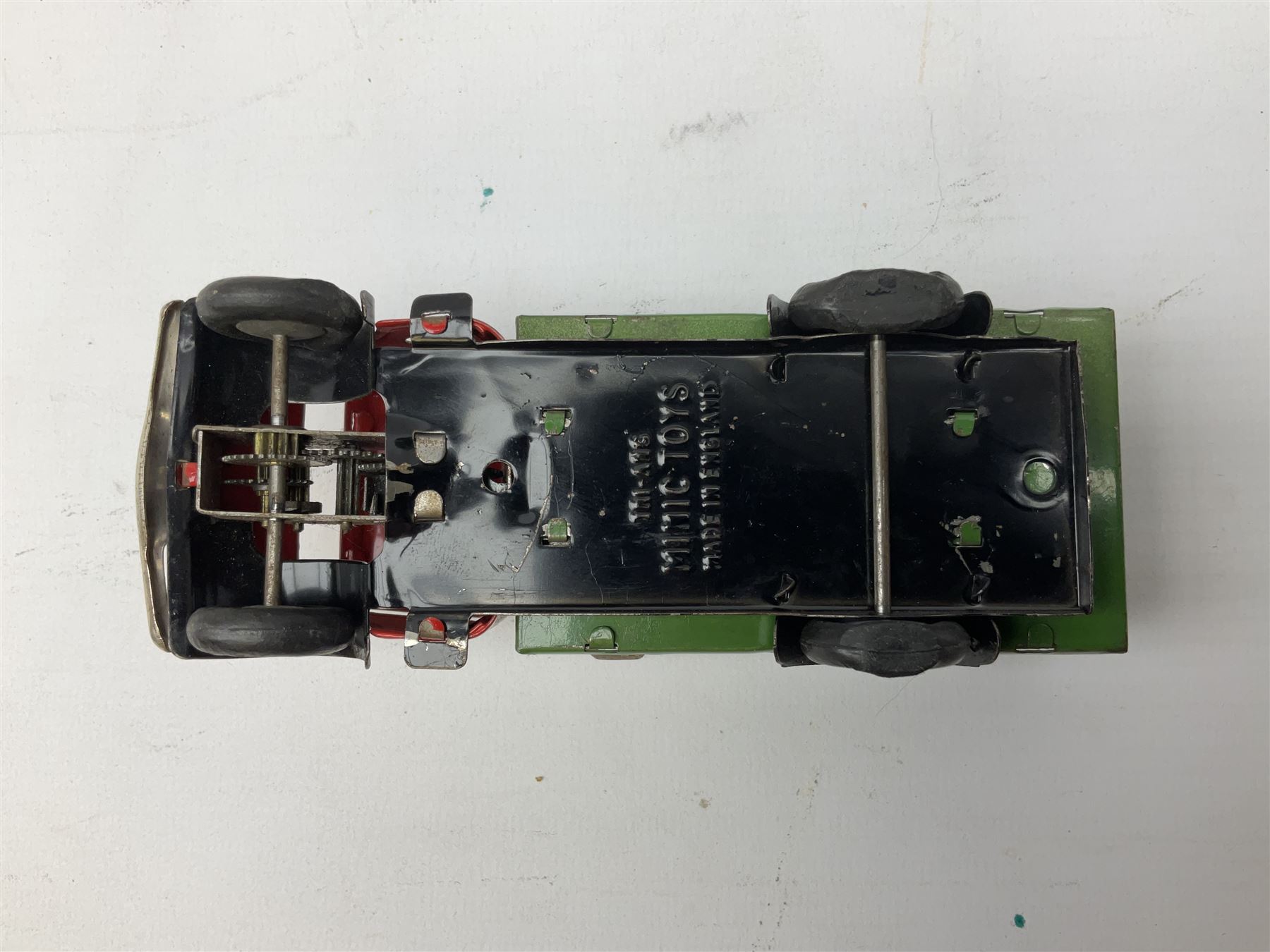 Tri-ang Minic tin-plate clockwork - London Transport Routemaster double decker bus 'Route 14 Putney' with Bovril and Tri-ang Pedal Motors advertisements; and Refuse Wagon with three sliding compartments; both unboxed (2)