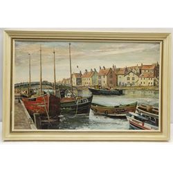 K Lund (British 20th century): Whitby Harbour, oil on board signed 39cm x 65cm