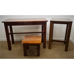  Large pine rectangular high bar table, square supports (W150cm, H111cm, D71cm) a similar bar table (W70cm, H111cm, D70cm) and an occasional table (W61cm, H53cm, D61cm) (3)  