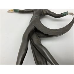 Art Deco style bronze, after Josef Lorenzl, modelled as a dancing lady with outstretched arms, with resin head and hands, raised upon marble effect base, signed to base, H38cm