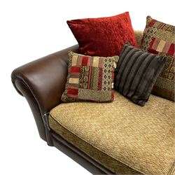 DFS - 'Perez' three-seat sofa (W222cm, H90cm, D105cm); and matching two-seat sofa (W188cm); upholstered in stitched brown fabric with patterned contrasting fabric cushions