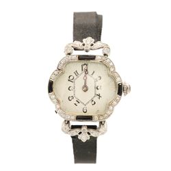 Art Deco French ladies platinum black onyx and diamond manual wind wristwatch, silvered / ...