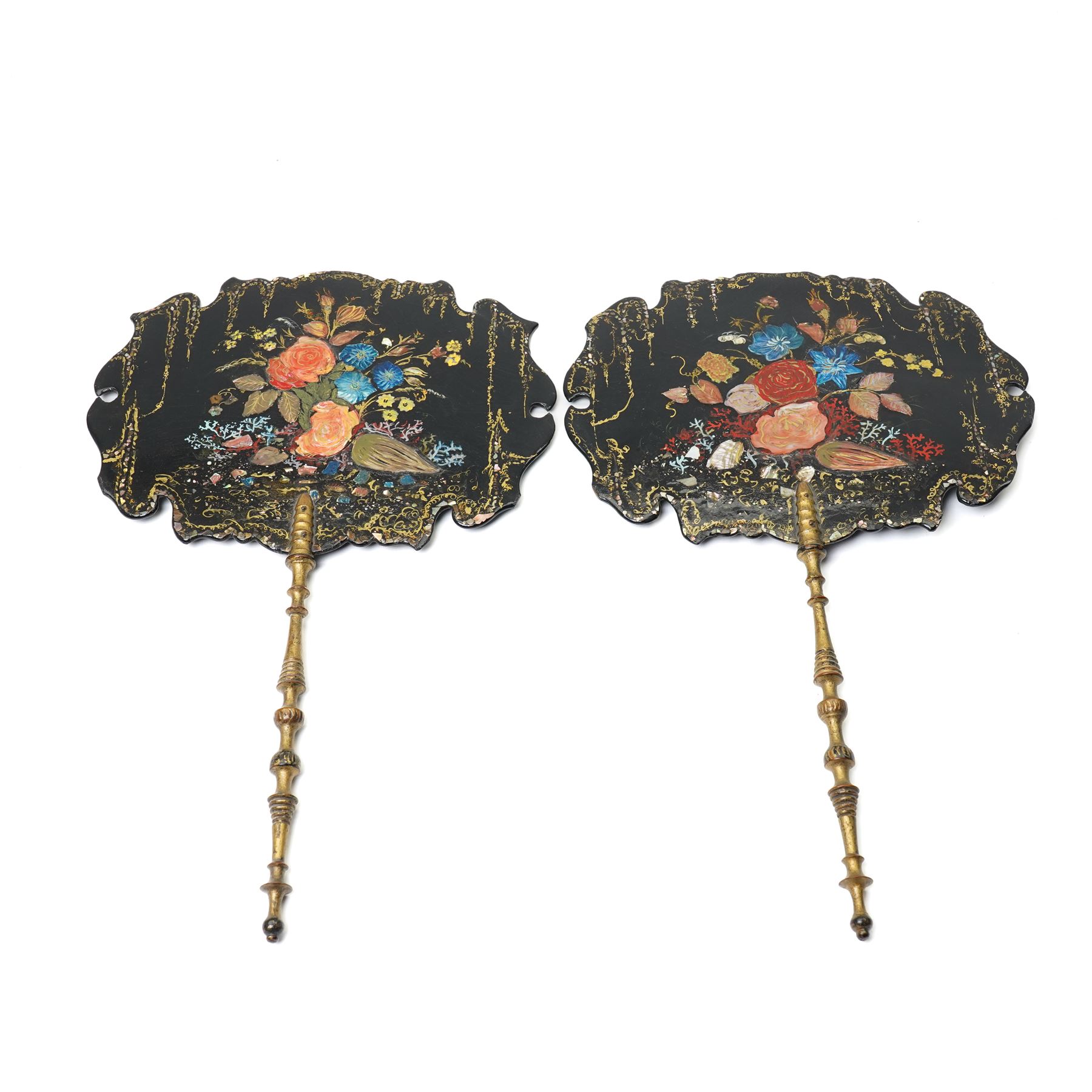 Pair of Victorian lacquered papier mache face screens, with inlaid mother of pearl decoration and painted with flowers, H39cm 