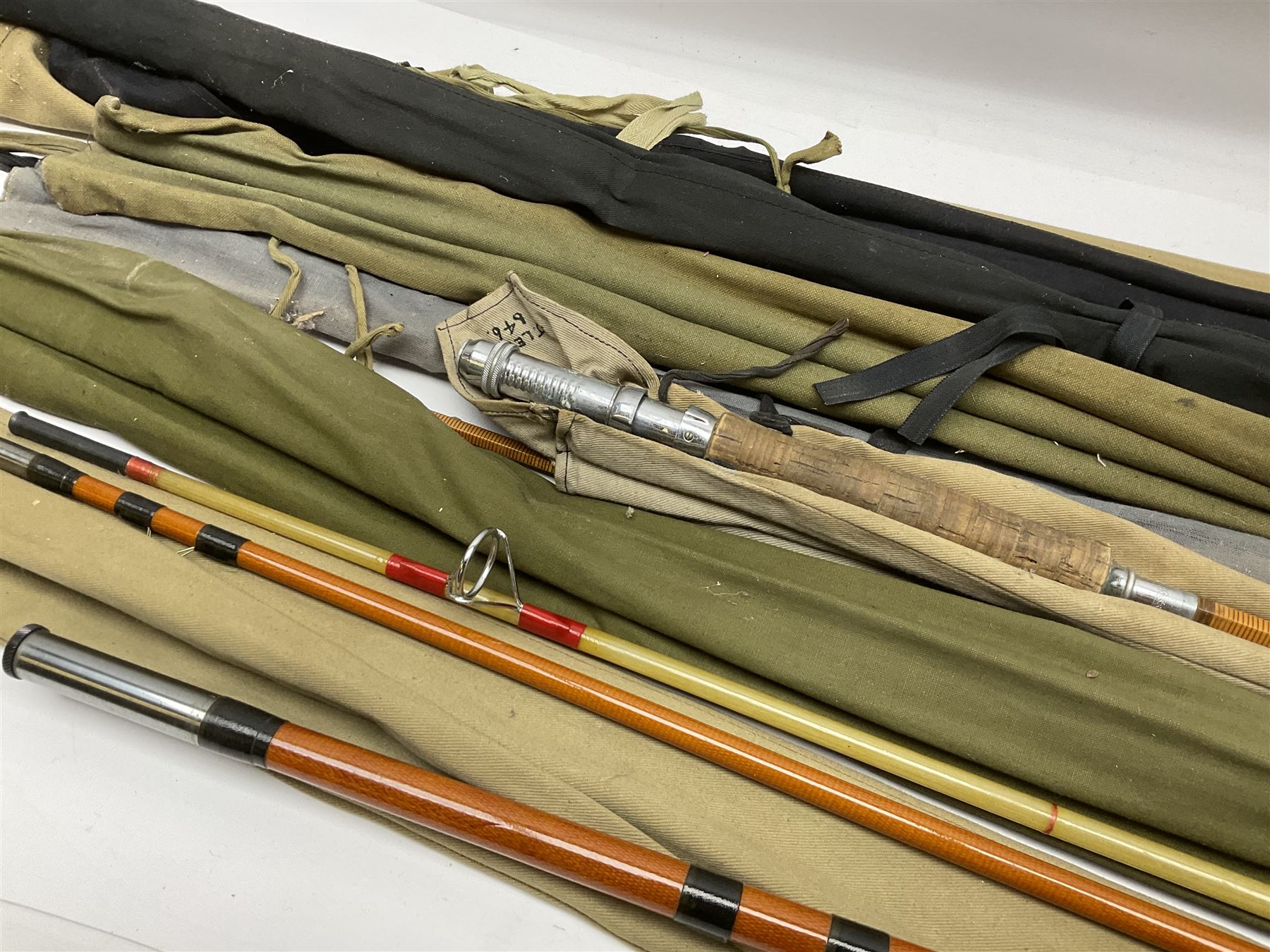 Collection of fly fishing rods, including split cane and fibreglass examples, by March Brown, Brent and Sportex, etc 