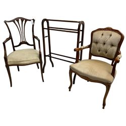 20th century upholstered four-panel folding screen (W225cm, H152cm); 20th century walnut towel rail (W66cm); Edwardian mahogany framed elbow chair inlaid with fan motif (W52cm, H96cm); French design beech framed bedroom chair (W56cm, H87cm)