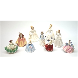 A group of Royal Doulton figurines, comprising of Sunday Best HN3218, Rebecca HN3414, Moonlight Rose HN3483, Gail HN3321, Dinky Do HN2120, Joy HN 3875, Kitty HN3876, Amanda HN 2996, Victoria HN3909, one example with box. (9).