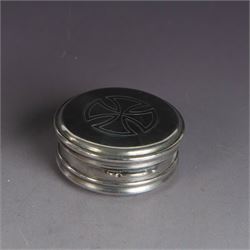 Late Victorian silver jar with cover, of cylindrical form with  domed cover engraved with initials, hallmarked Charles & George Asprey, together with a small ecclesiastical trinket box, engraved with cross to cover and with personal engraving beneath, hallmarked Edgar Ernest Davis, London 1944, taller jar H6cm