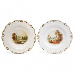 Set of five Derby plates with painted landscapes by Henry Lark Pratt, within gilt detailed swept boarders, the scenes comprising 'Brougham Castle - Northumberland' 'Eglinton Castle' 'Tivoli' and 'Blickling - Norfolk', with painted titles to base, pattern no. 3351 (5)