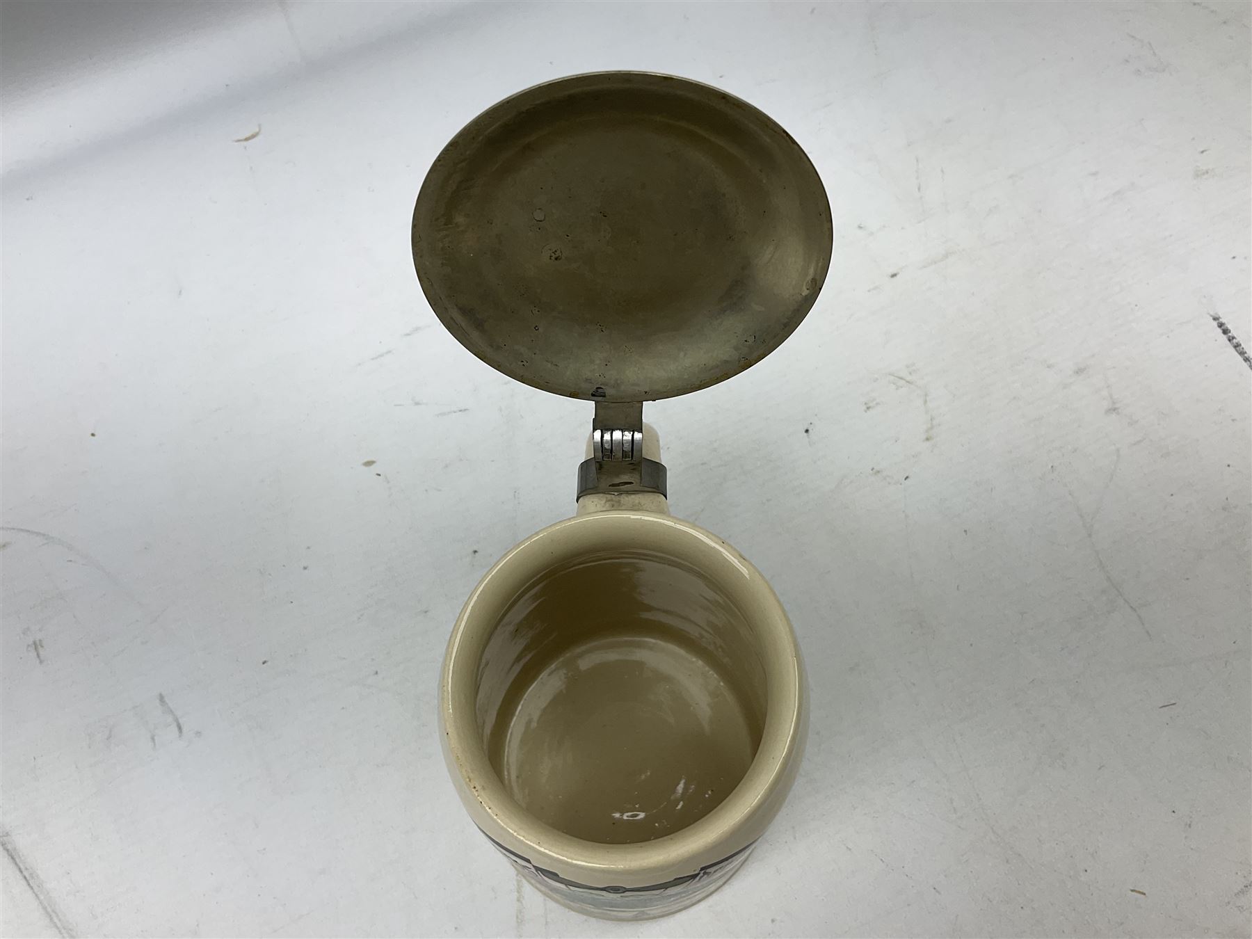 German presentation beer stein, printed with a study of a bi-plane, hinged cover engraved UFFZ Jacob, H16cm