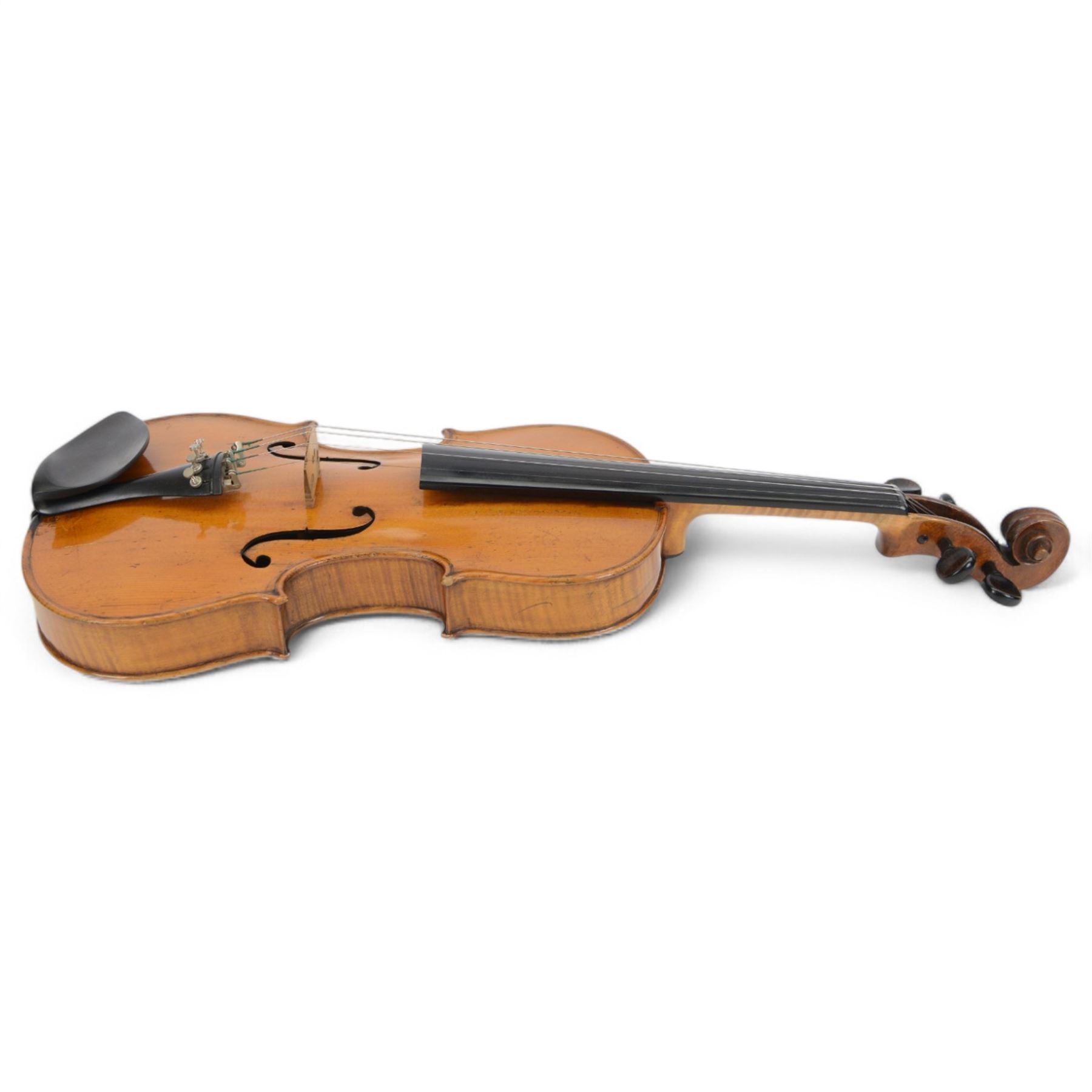 Early 20th century violin, copy of a Franciscus Gobetti, with a maple back and spruce top with ebonised fittings, in a hard velvet lined case with bow.