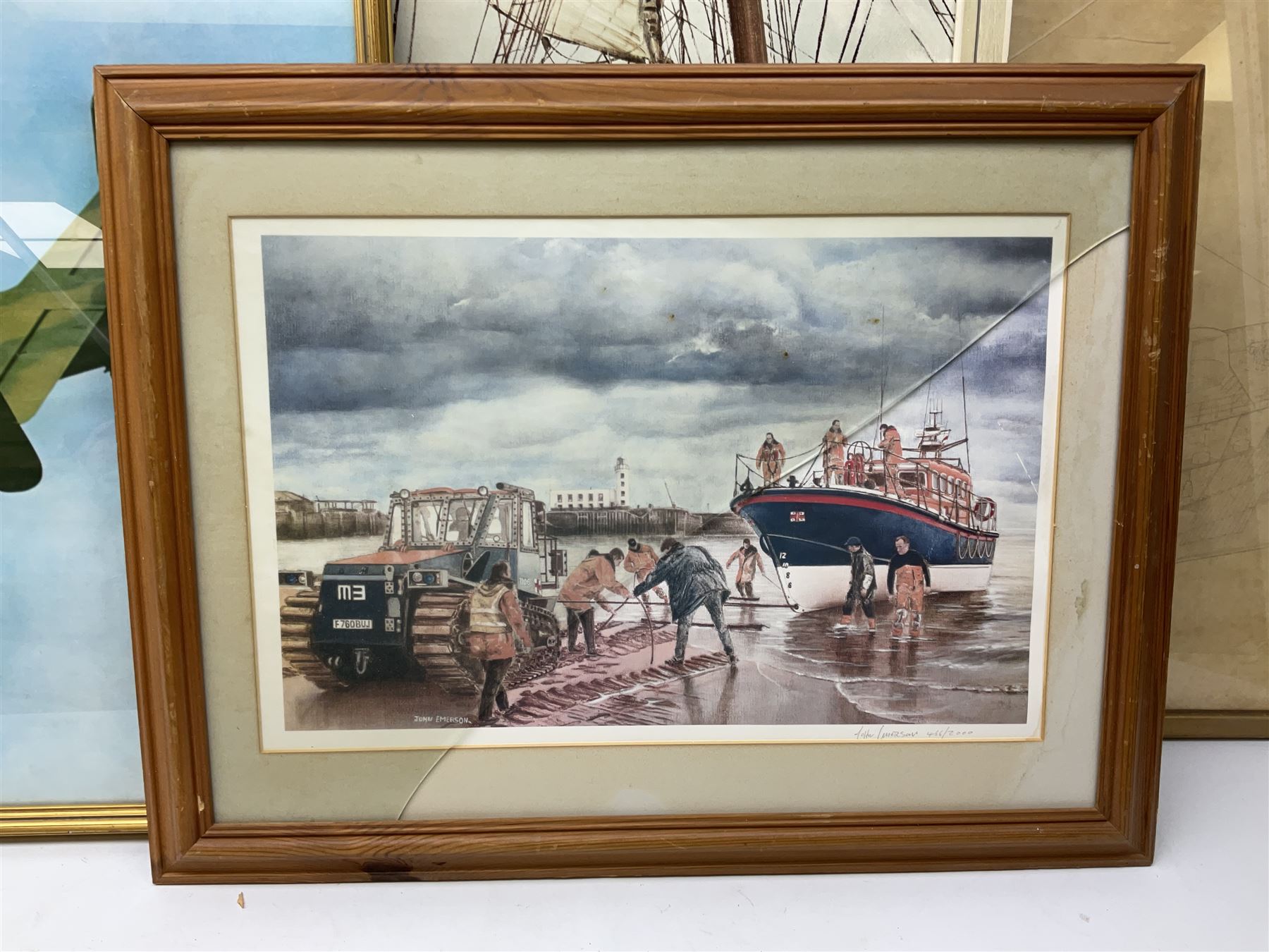 After Henry Scott: 'The Great Race from China to London' colour print together with large print diagram of a trawler, two other marine prints and a print of a WWII Halifax unit max 68cm x 108cm (5)