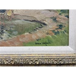 George Graham (British 1881-1941): Beach Huts, oil on canvas signed 24cm x 34cm