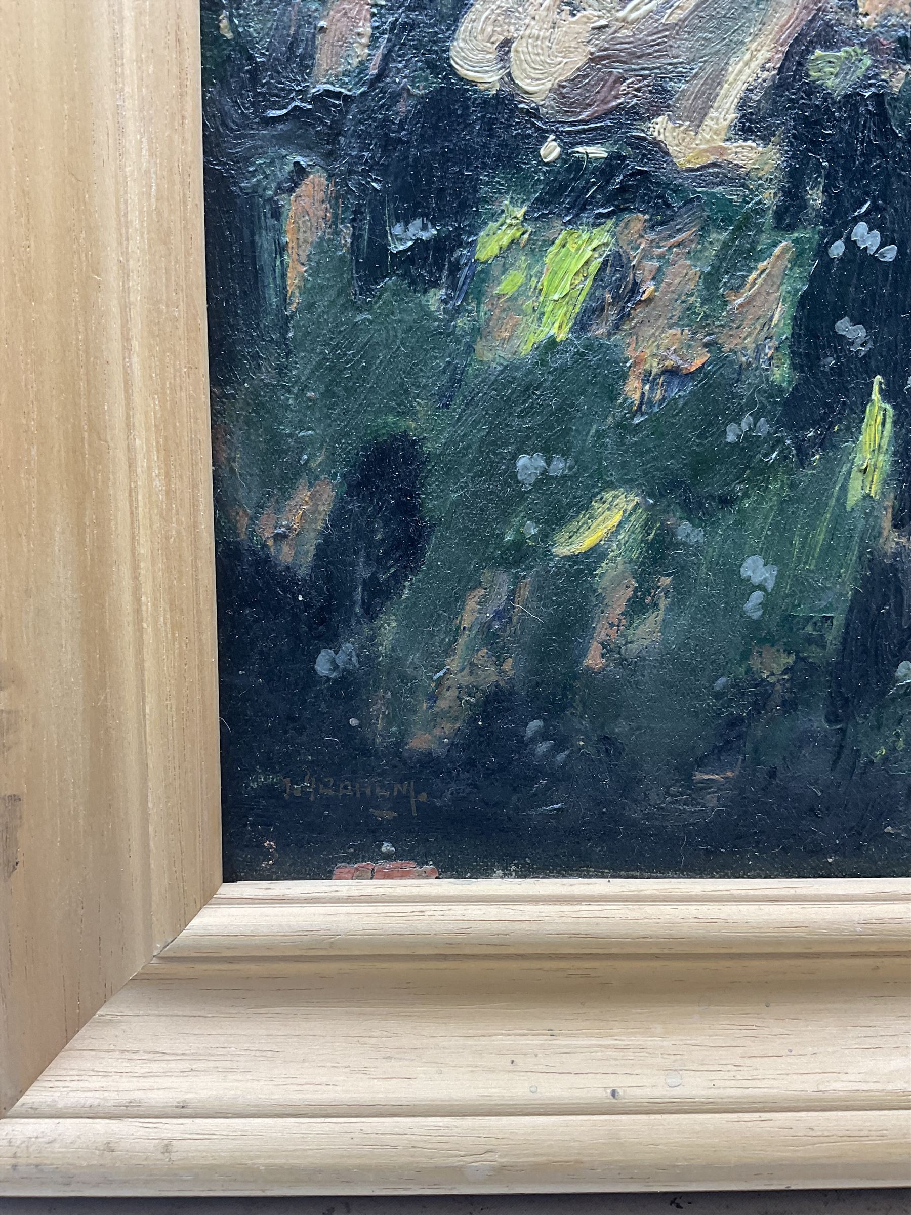 George Graham (British 1881-1941): Nude Figures in the Woods, oil on canvas signed 30cm x 40cm 
Notes: better known for his landscape paintings of West Yorkshire and Sussex , and for his friendship with Fred Lawson, later in life Graham produced some more surreal works, such as the present picture and a series of 'Creation' paintings held by Hastings Art Gallery.