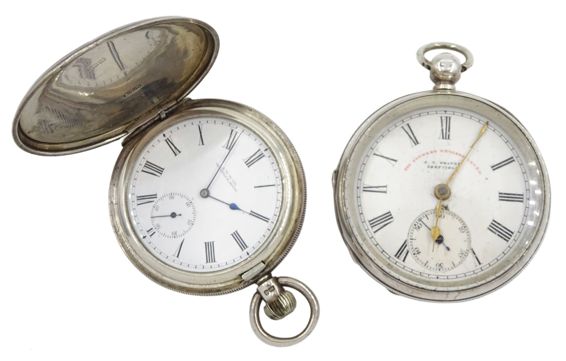 Silver full hunter keyless lever pocket watch by American Watch Co, Waltham, Birmingham 1903 and a silver open face 'The Express English Lever' pocket watch by J.G. Graves, Sheffield, No. 479122, Birmingham 1899