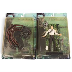 Six N Toys The Matrix action figures, comprising Tank, Agent Smith, Mr Anderson, Sentinel, and two Trinity versions, together with two unboxed The Matrix figures