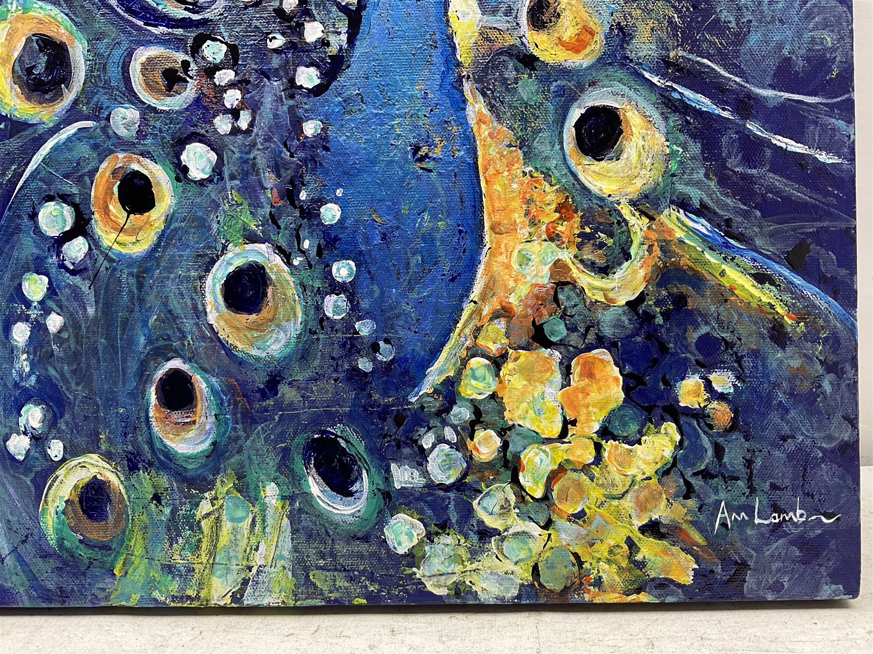 Ann Lamb (British 1955-): Peacock, mixed media on canvas signed 46cm x 38cm (unframed)