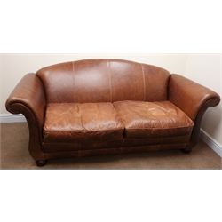  Laura Ashley three seat dark tan leather sofa, scrolled arms, bun feet, W218cm  