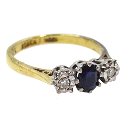Gold oval sapphire and round brilliant cut diamond ring, stamped 18ct