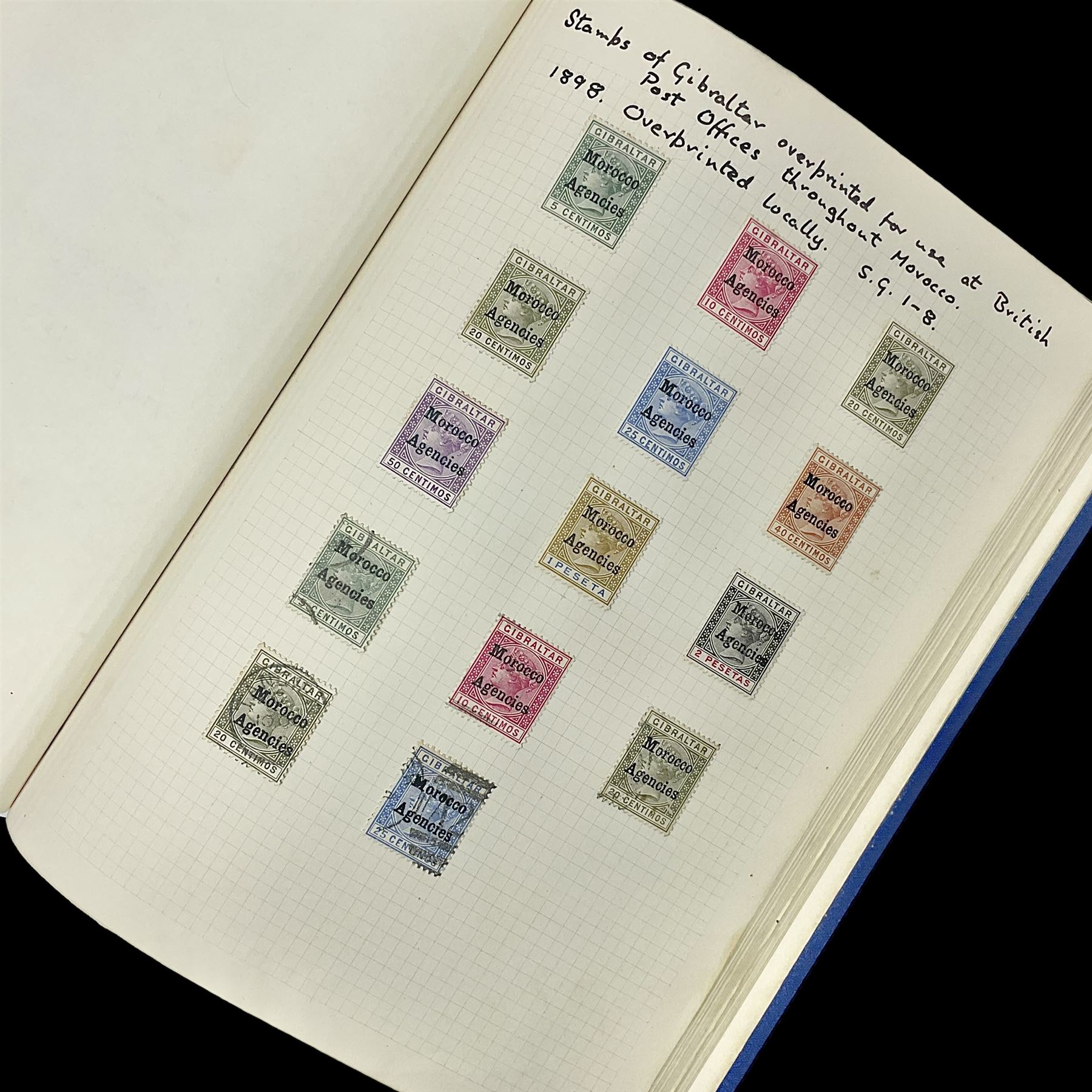 Queen Victoria and later Morocco Agencies and Tangier overprint stamps, including 1898 Morocco Agencies overprint on Gibraltar, some mint pairs, King Edward VII 1907-12 Morocco Agencies overprints with surcharge on two shillings and sixpence, five shillings and ten shillings, King George VI 1917-26 Morocco Agencies overprints on seahorses with half crown, five shillings and ten shilling values, Spanish French and International zones represented etc, housed in single blue album