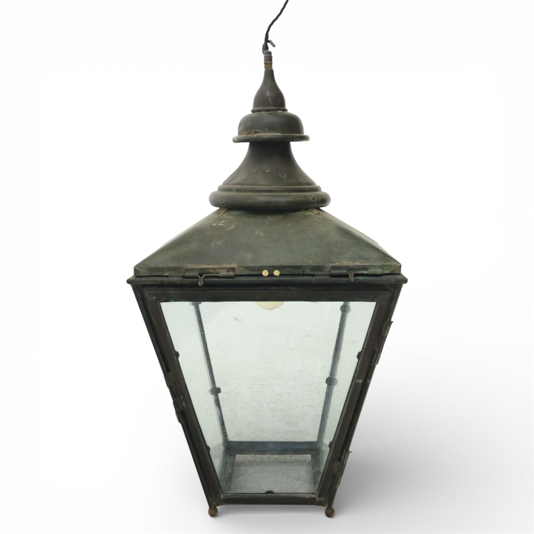 Victorian verdigris copper street lantern, now converted, of typical tapering form with four glazed panes, H84.5cm W43cm