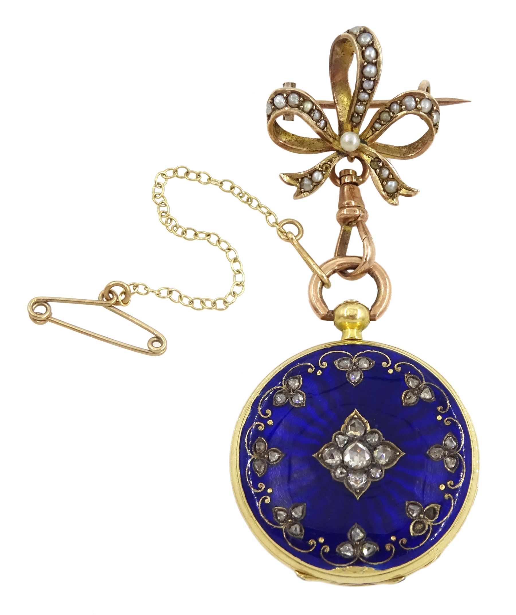 19th century French 18ct gold full hunter key wound cylinder ladies fob watch, the inner dust cover engraved 'Chs Oudin Bte Palais Royal 52 No. 16239..', white enamel dial with Roman numerals, guilloche blue enamel and diamond outer case, eagle hallmark, with gold split seed pearl bow brooch