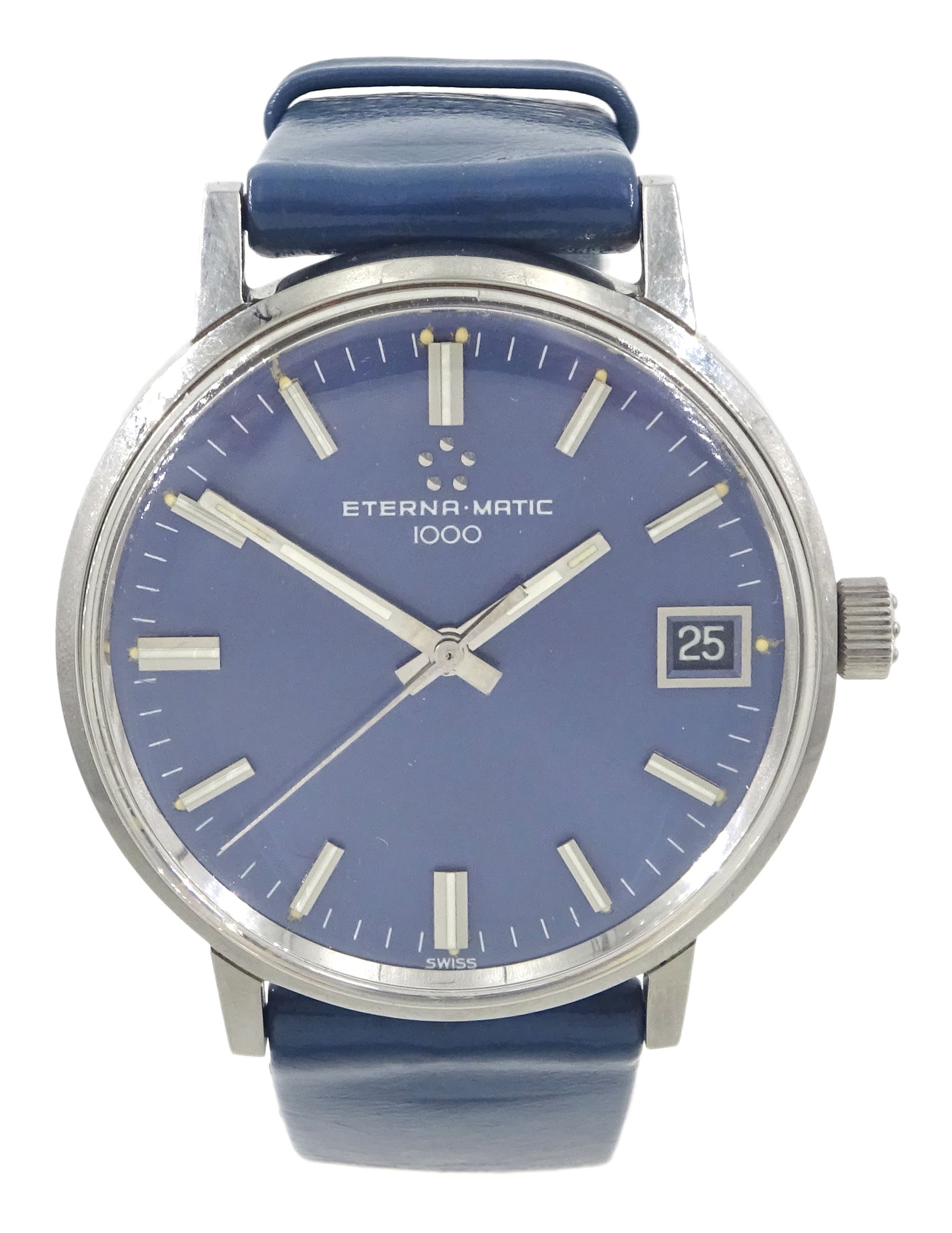 Eterna Matic 1000 gentleman's stainless steel automatic wristwatch, blue dial with baton hour markers and date aperture, on original blue leather strap, with original buckle, boxed