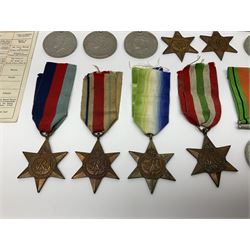 Eleven WW2 medals comprising three 1939-1945 war medals, two Defence medals, three 1939-1945 Stars, Atlantic Star, Africa Star and Italy Star; miniature QEII Naval LS & GC medal; all with ribbons; and WW2 postumous medal slip to Flight Sergeant L.N. Clark