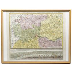 Homann Heirs (German Est.1702): London & Environs - 'Regionis quae est circa Londinum...', 18th century engraved map with hand-colouring and  bird's-eye prospect view of London and the Thames to bottom pub. c.1741, with margins, 53cm x 62cm