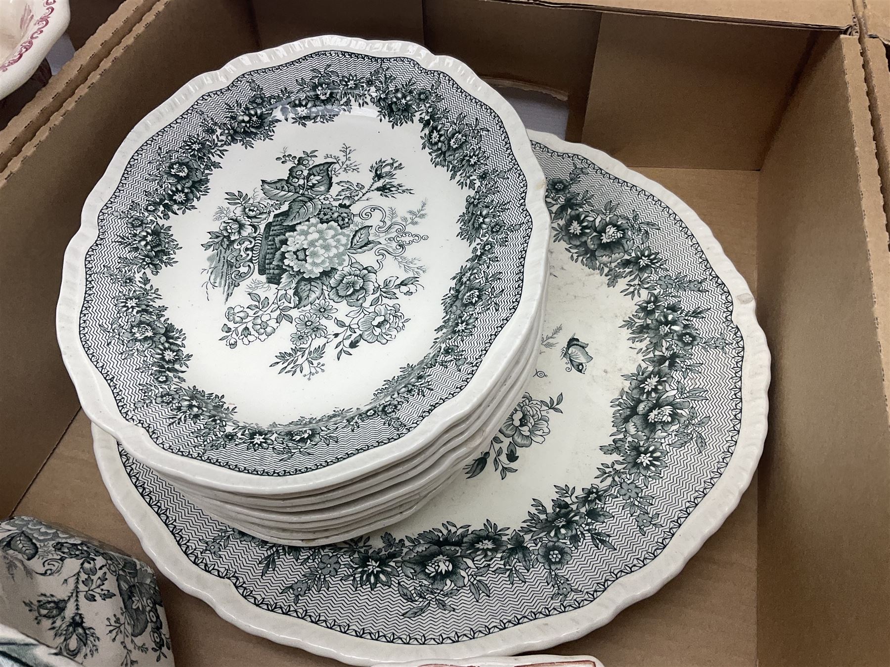 Masons Ironstone ceramics, including Ascot pattern jug, charger and oval plates, two tea jars, Manchu pattern fruit bowl, Fruit Basket pattern fruit bowl, etc, in three boxes