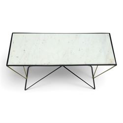 Contemporary marble console table, white marble top with ebonised and gilt metal supports