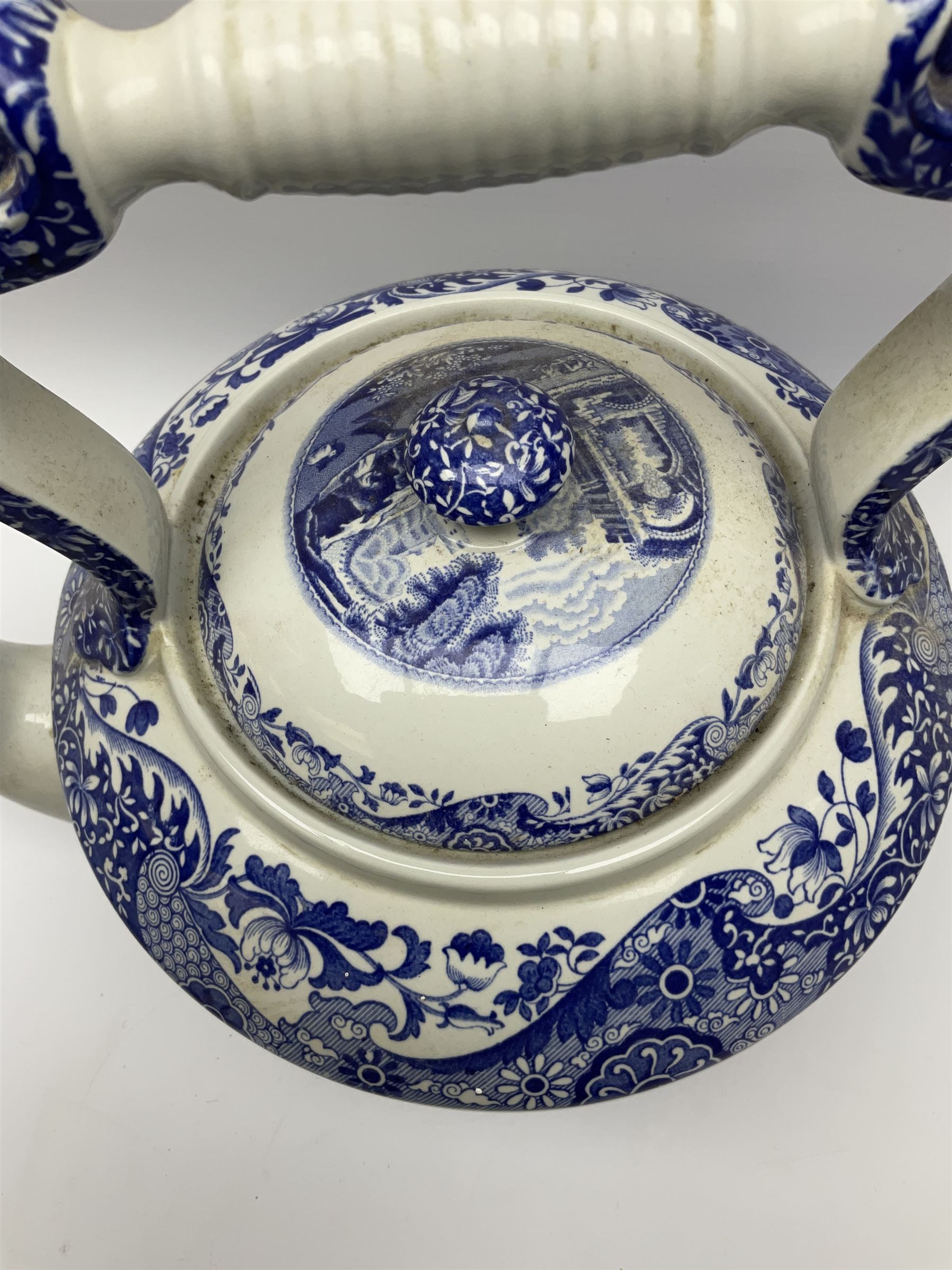 A large Spode blue and white Italian pattern novelty teapot, H33cm, with black printed mark beneath, together with a selection of other Spode blue and white Italian pattern wares. 
