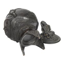 Pair of Japanese bronze koro, raised upon three feet, he body of the koro decorated with figures and animals, the cover mounted with figures, H24cm