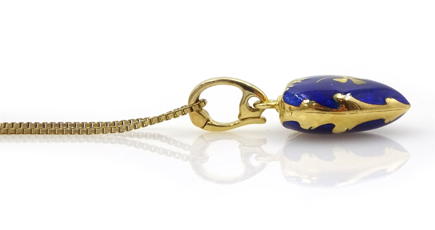 Victor Mayer for Faberge 18ct gold blue enamel heart shaped pendant, with applied gold four leaf clover decoration, limited edition No. 722/1000, on silver-gilt chain necklace, boxed