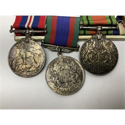WW2 group of five medals comprising 1939-1945 War Medal, Defence Medal, 1939-1945 Star, France and Germany Star and Canadian Volunteer Service Medal; on wearing bar with ribbons; with a medal box and slip and three photographs