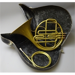  Boosey & Co brass two-piece French horn, inscribed 'Lotone', numbered '129944', in carrying case  